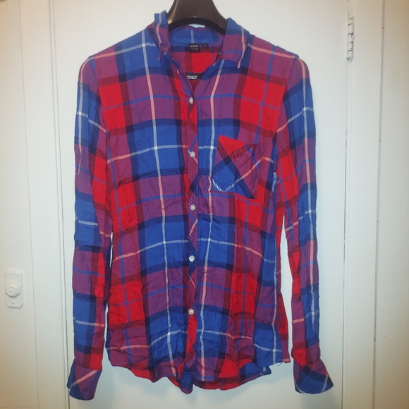 Simons Icone Plaid Boyfriend Long Sleeve Button Up Shirt Blue Red sz M - Picture 4 of 10
